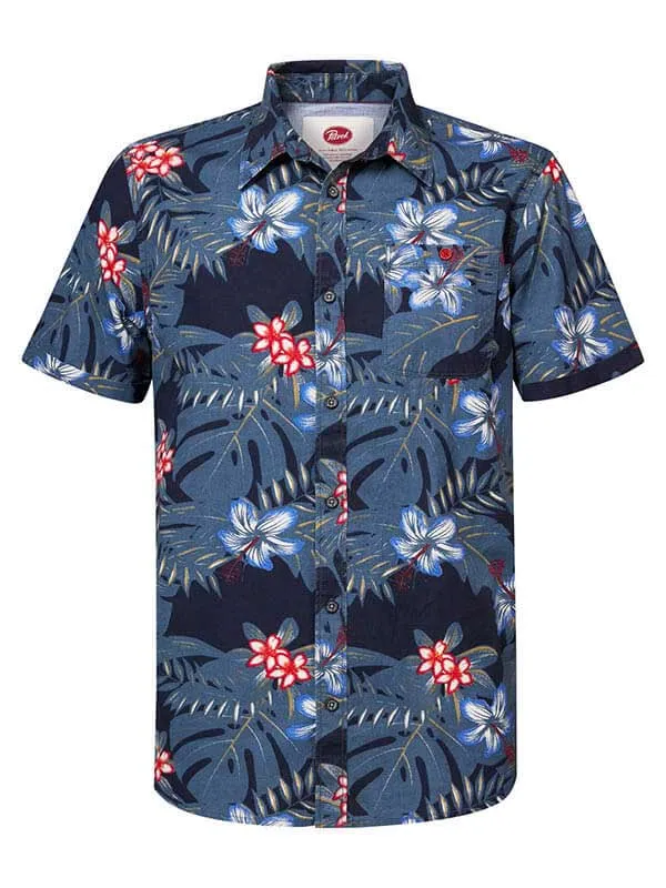 Men Shirts Petrol Industries Botanical ShortSleeved Shirt Petrol Blue