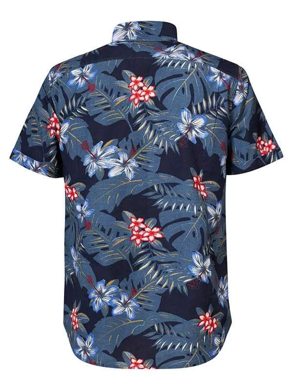 Men Shirts Petrol Industries Botanical ShortSleeved Shirt Petrol Blue