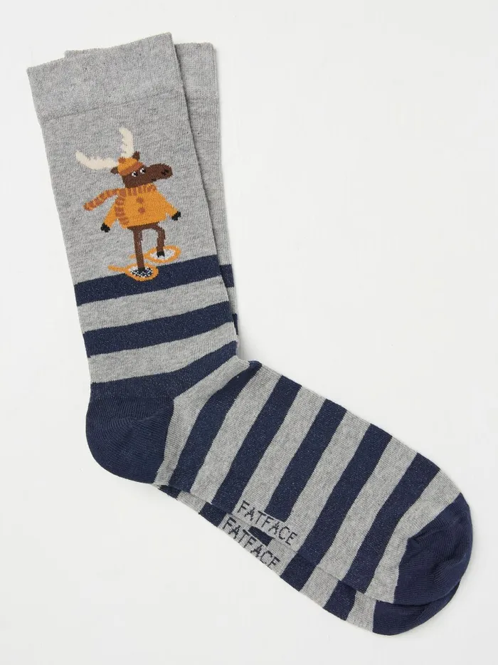Men Socks Fat Face Grey Moose Striped Socks 1 Pack