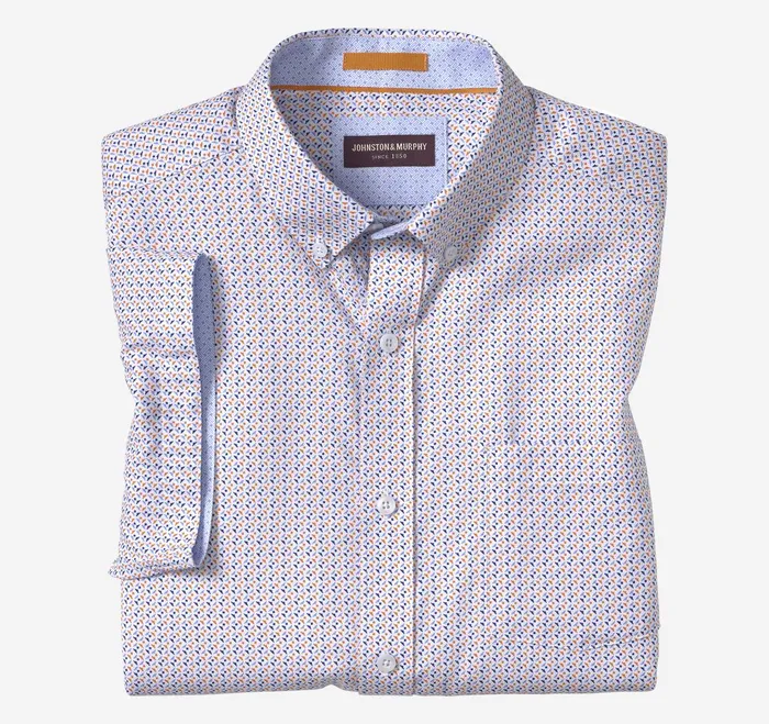 Men Textured Cotton ShortSleeve Shirt Orange Triangle Dot JohnstonandMurphy ShortSleeve Shirts Men Textured Cotton ShortSleeve Shirt Orange Triangle Dot JohnstonandMurphy ShortSleeve Shirts