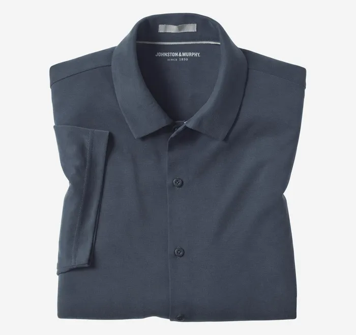 Men Vintage Birdseye ButtonFront Shirt Navy JohnstonandMurphy ShortSleeve Shirts