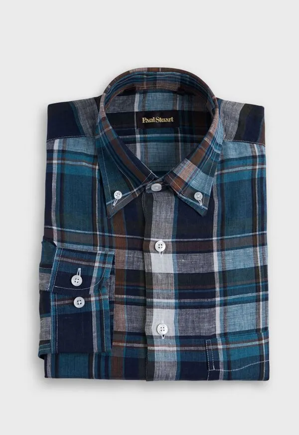 Mens Linen Plaid Sport Shirt Teal Sport Shirts Paulstuart
