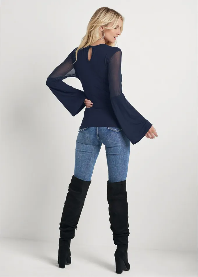 MESH DETAIL BELL SLEEVE TOP Navy Women VENUS Casual Tops