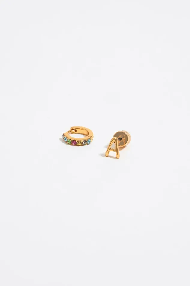 Multicolor Crystal Mini Hoop And Letter A Earrings Gold Women Bimba Y Lola Jewelry Multicolor Crystal Mini Hoop And Letter A Earrings Gold Women Bimba Y Lola Jewelry