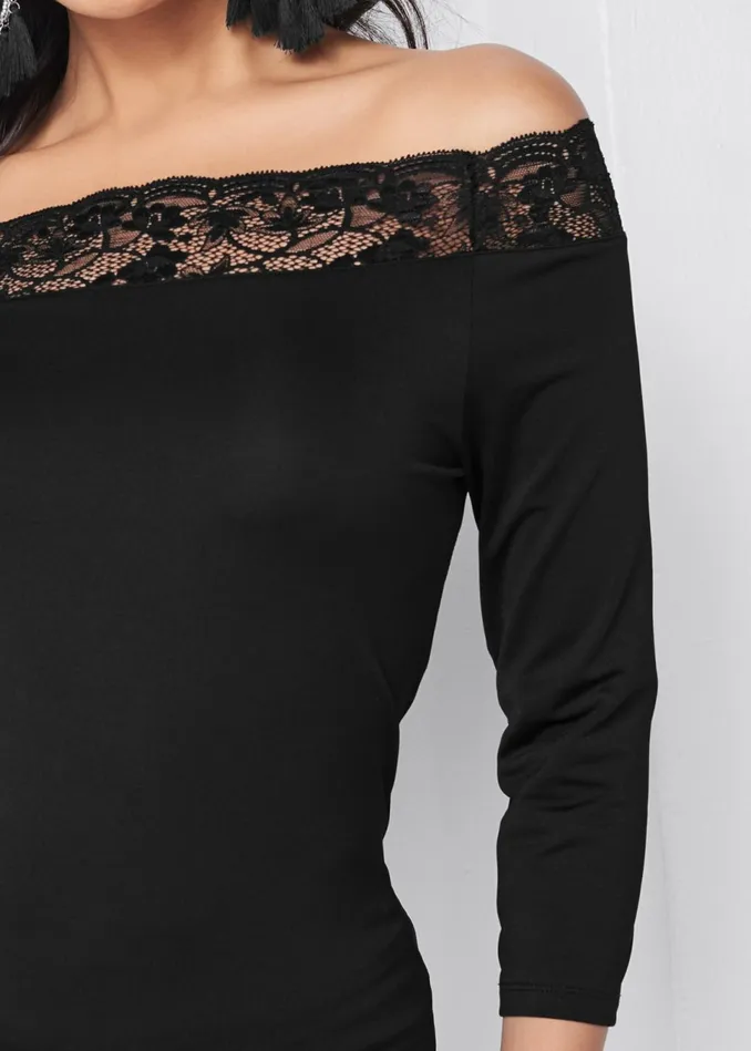 OfftheShoulder Lace Top Black Women VENUS Casual Tops