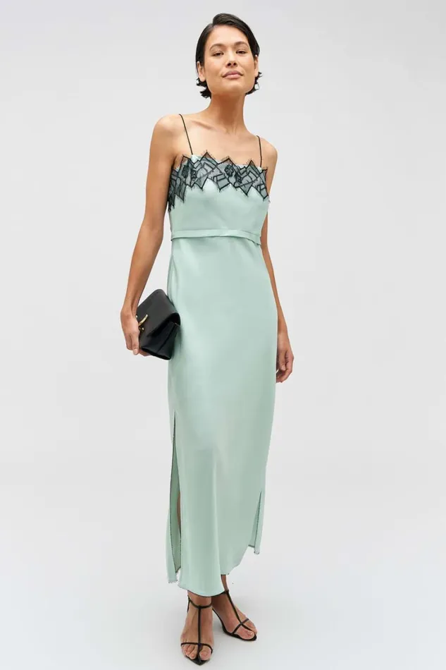 Oroton Fringe Lace Slip Dress Mint Ice Women Dresses
