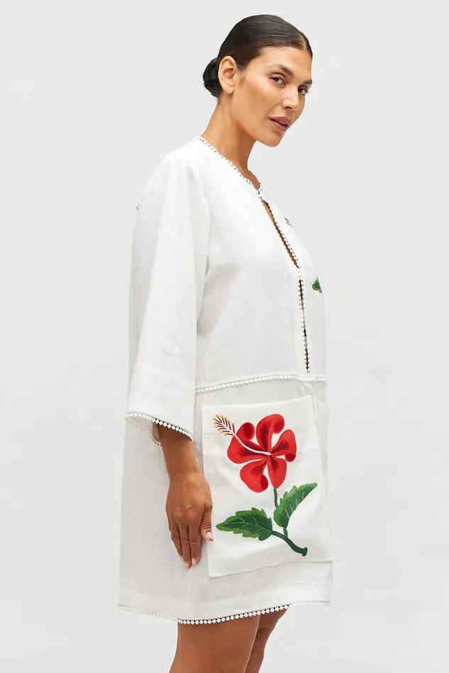 Oroton Hibiscus Embroidered Tunic Dress Antique White Women Dresses Oroton Hibiscus Embroidered Tunic Dress Antique White Women Dresses