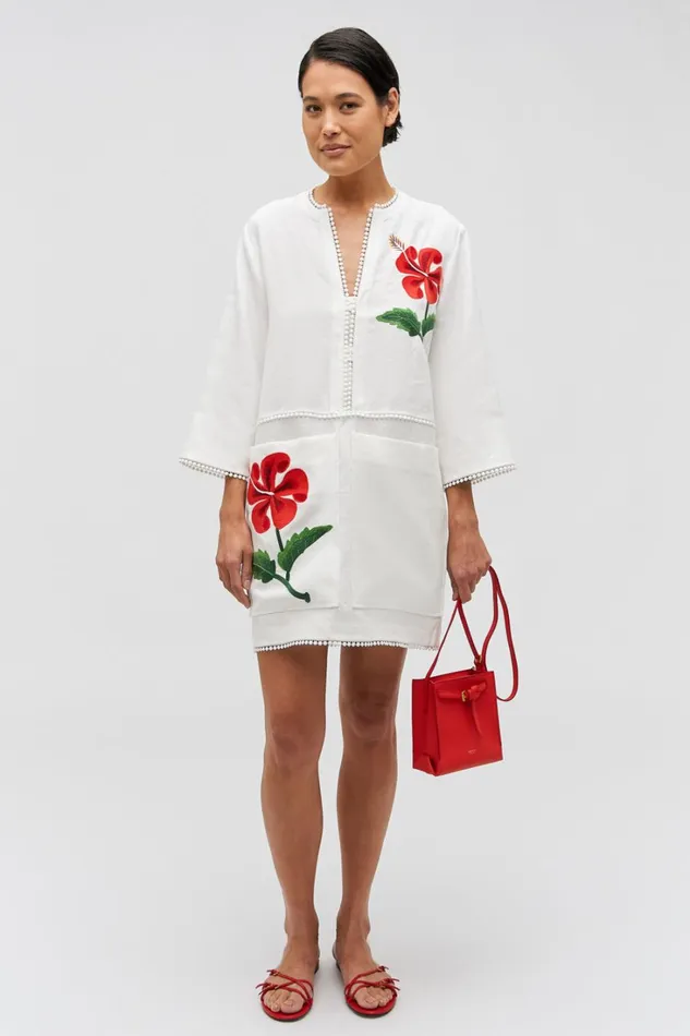 Oroton Hibiscus Embroidered Tunic Dress Antique White Women Dresses Oroton Hibiscus Embroidered Tunic Dress Antique White Women Dresses