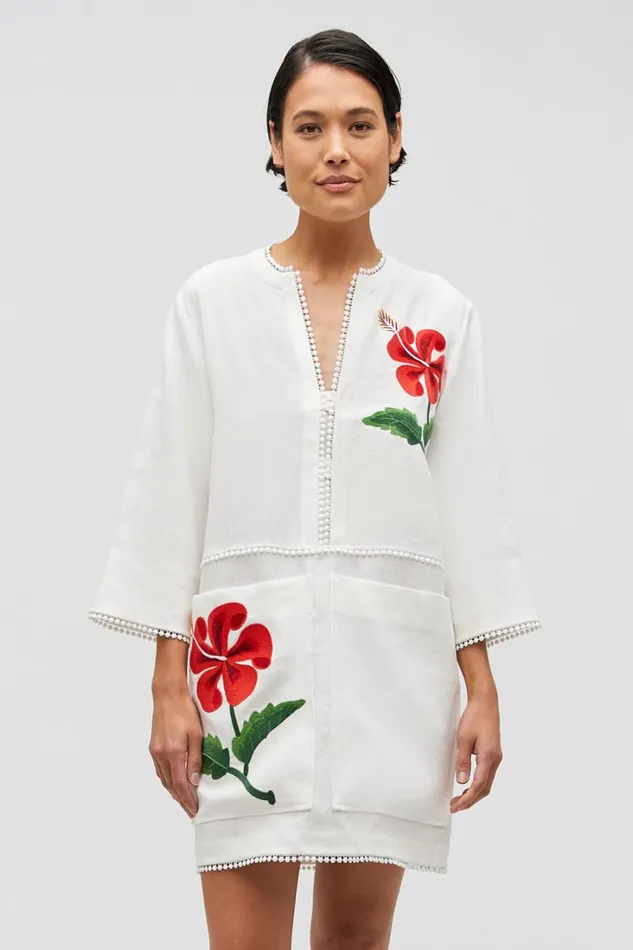 Oroton Hibiscus Embroidered Tunic Dress Antique White Women Dresses Oroton Hibiscus Embroidered Tunic Dress Antique White Women Dresses