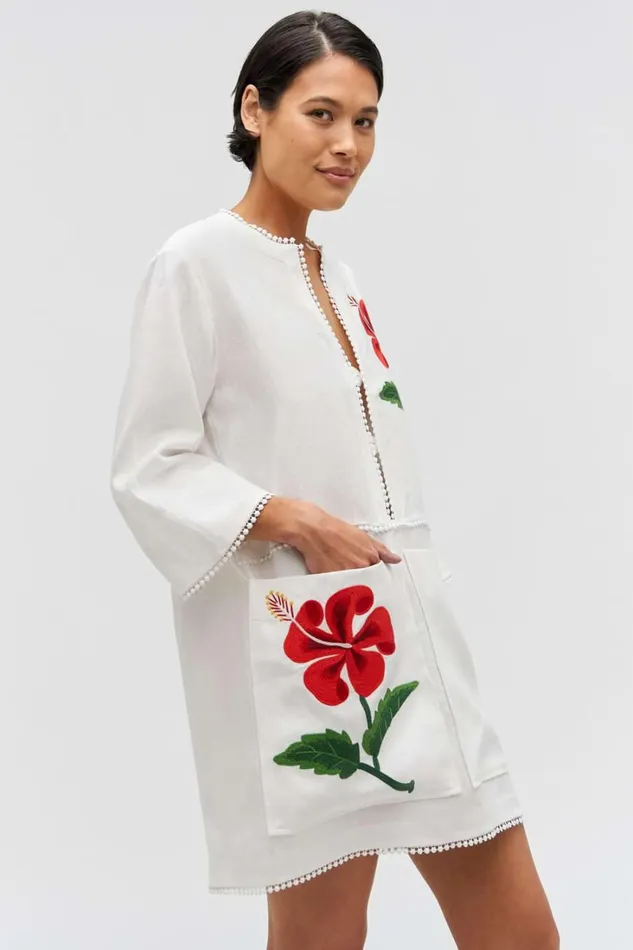Oroton Hibiscus Embroidered Tunic Dress Antique White Women Dresses Oroton Hibiscus Embroidered Tunic Dress Antique White Women Dresses