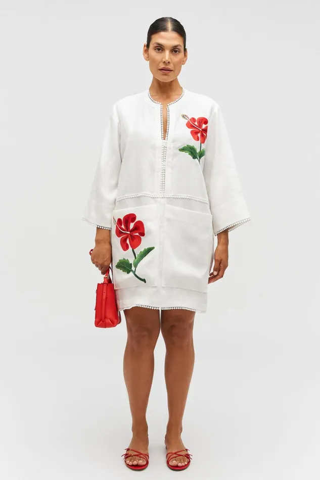 Oroton Hibiscus Embroidered Tunic Dress Antique White Women Dresses Oroton Hibiscus Embroidered Tunic Dress Antique White Women Dresses