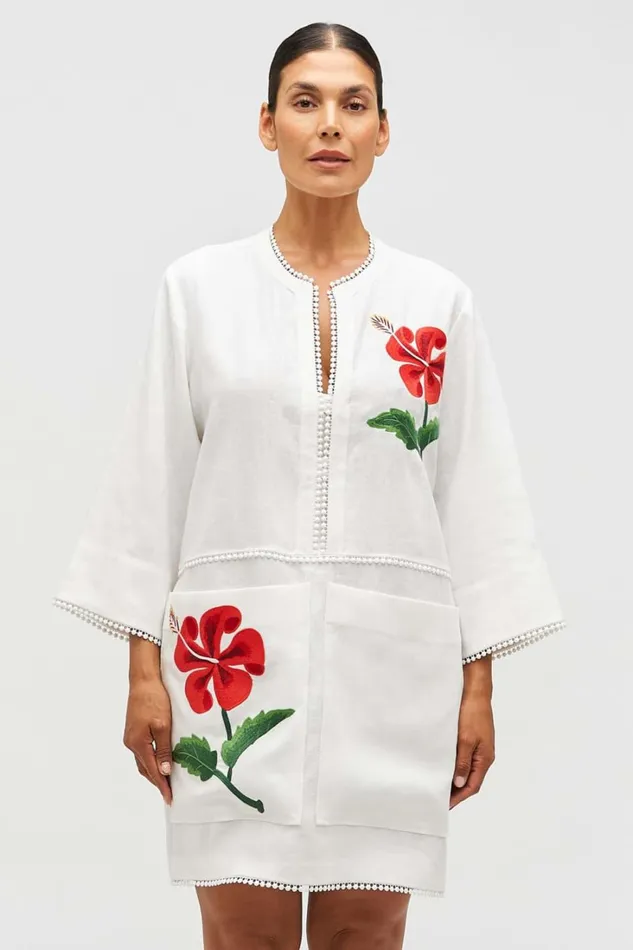 Oroton Hibiscus Embroidered Tunic Dress Antique White Women Dresses Oroton Hibiscus Embroidered Tunic Dress Antique White Women Dresses