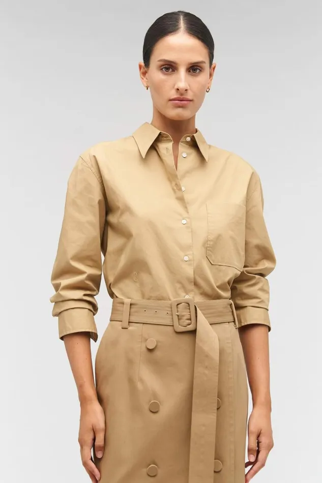 Oroton Poplin Long Sleeve Shirt Camel Women Tops