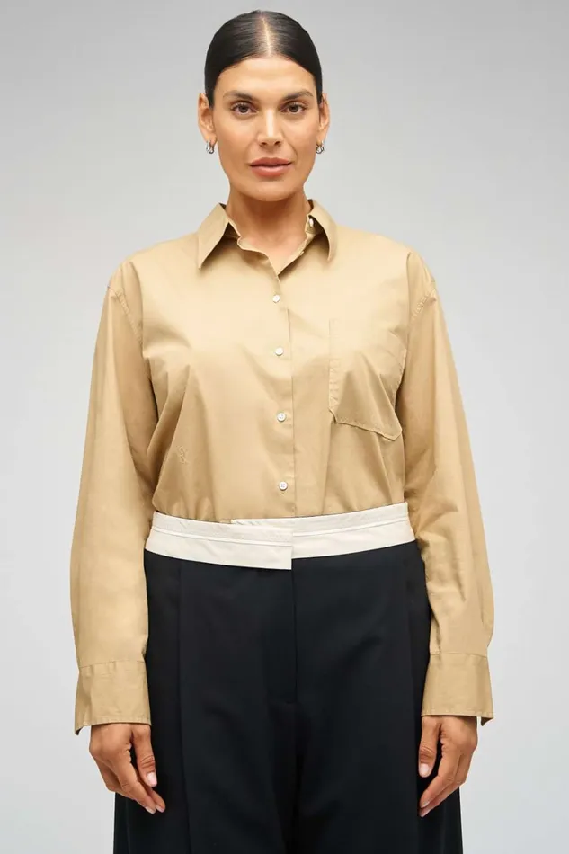 Oroton Poplin Long Sleeve Shirt Camel Women Tops