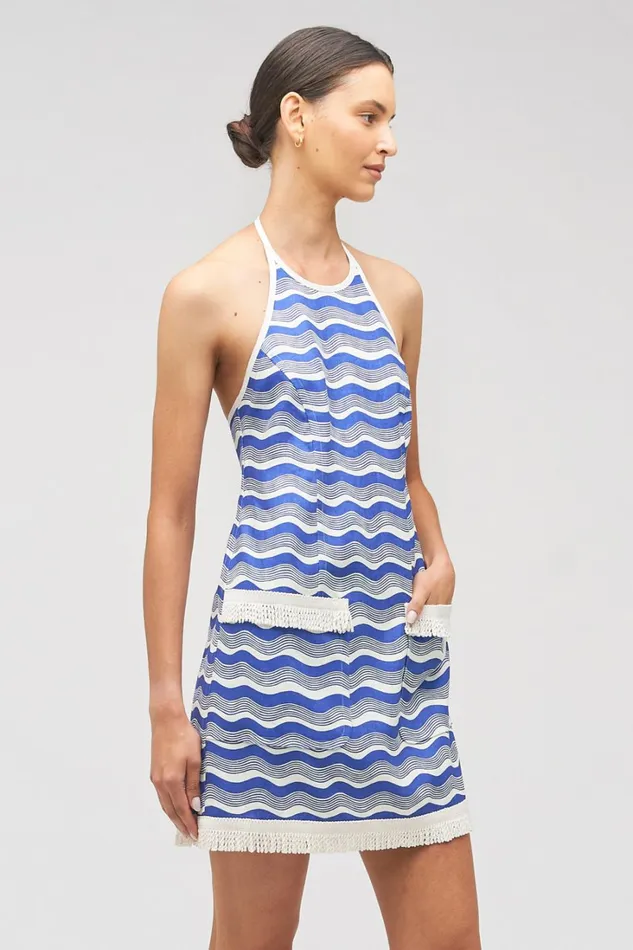 Oroton Wave Print Halter Dress Azure Blue Women Dresses