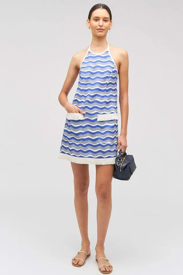 Oroton Wave Print Halter Dress Azure Blue Women Dresses