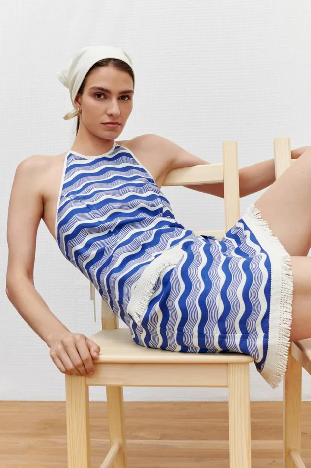 Oroton Wave Print Halter Dress Azure Blue Women Dresses