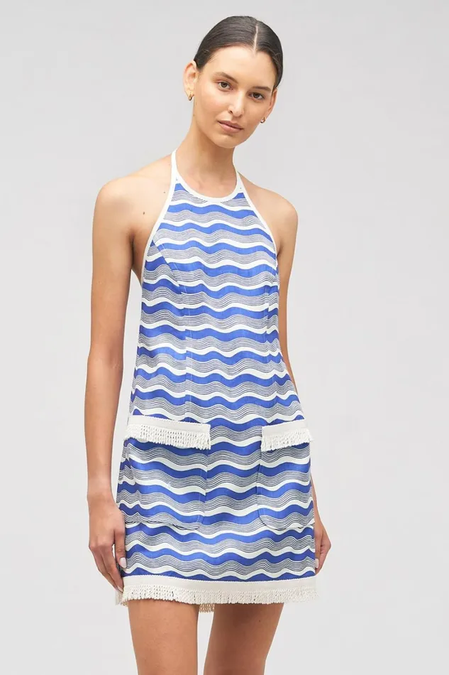 Oroton Wave Print Halter Dress Azure Blue Women Dresses