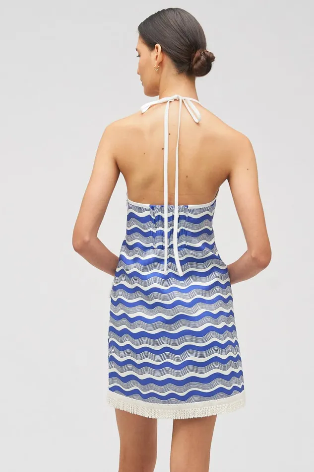 Oroton Wave Print Halter Dress Azure Blue Women Dresses