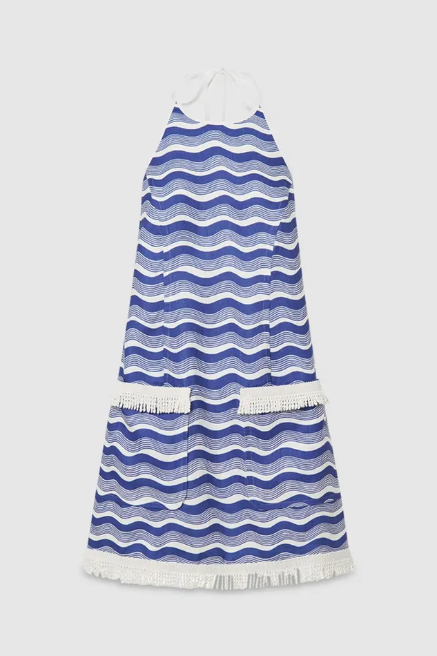 Oroton Wave Print Halter Dress Azure Blue Women Dresses
