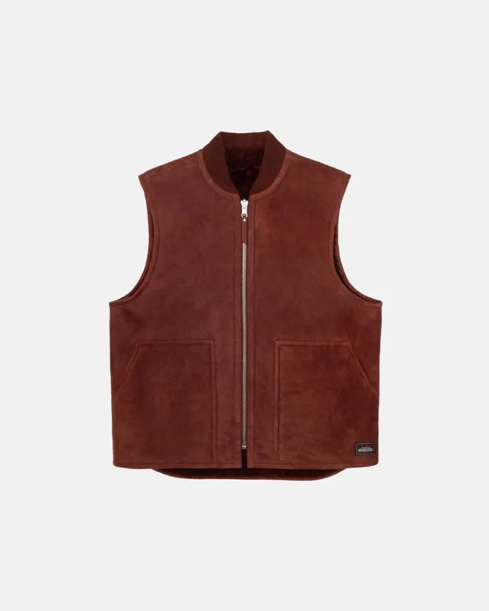 Outerwear MenWomen Stussy REVERSIBLE SHEARLING WORKGEAR VEST Burgundy