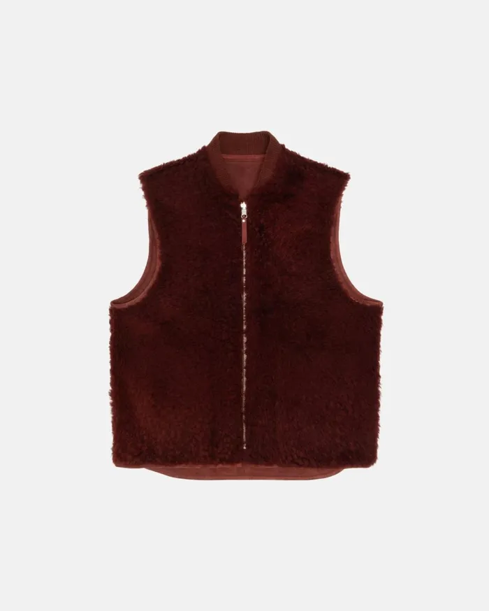 Outerwear MenWomen Stussy REVERSIBLE SHEARLING WORKGEAR VEST Burgundy Outerwear MenWomen Stussy REVERSIBLE SHEARLING WORKGEAR VEST Burgundy