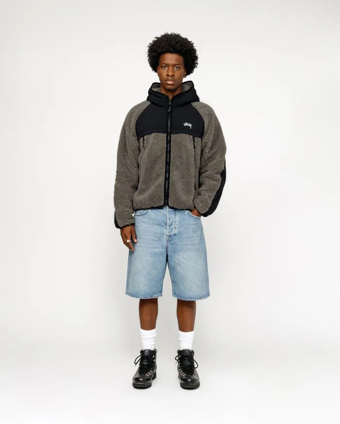 Outerwear MenWomen Stussy SHERPA PANELED HOODED JACKET Stone