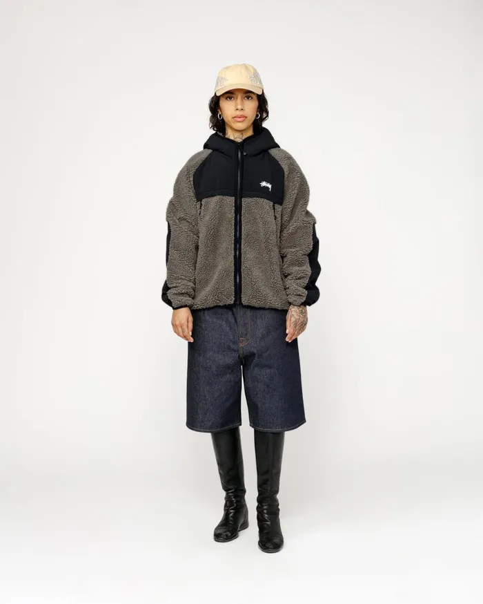 Outerwear MenWomen Stussy SHERPA PANELED HOODED JACKET Stone