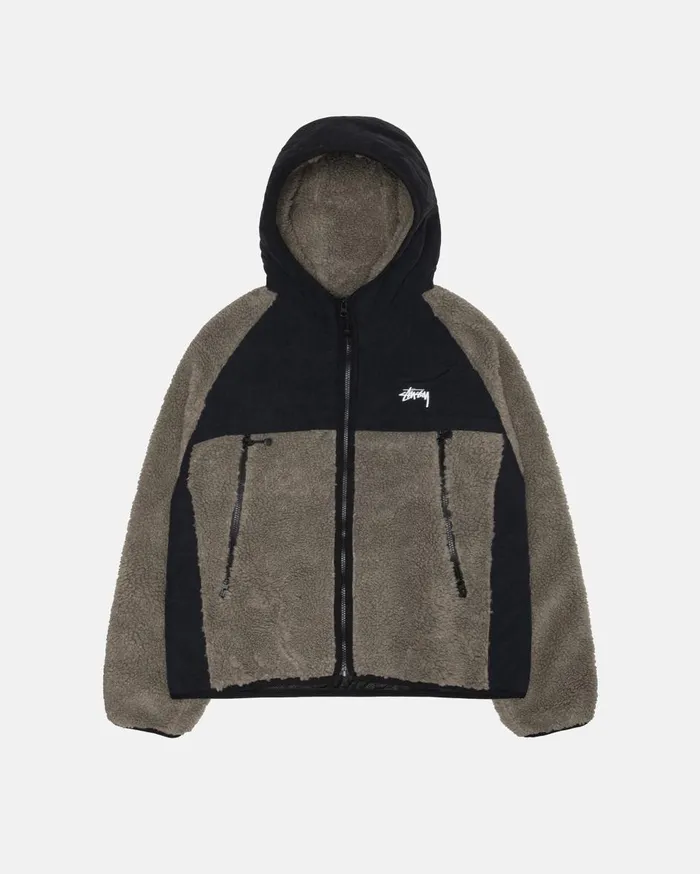 Outerwear MenWomen Stussy SHERPA PANELED HOODED JACKET Stone