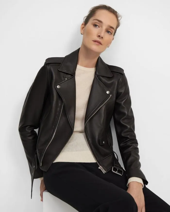 Outerwear Women Theory Casual Moto Jacket In Leather Black