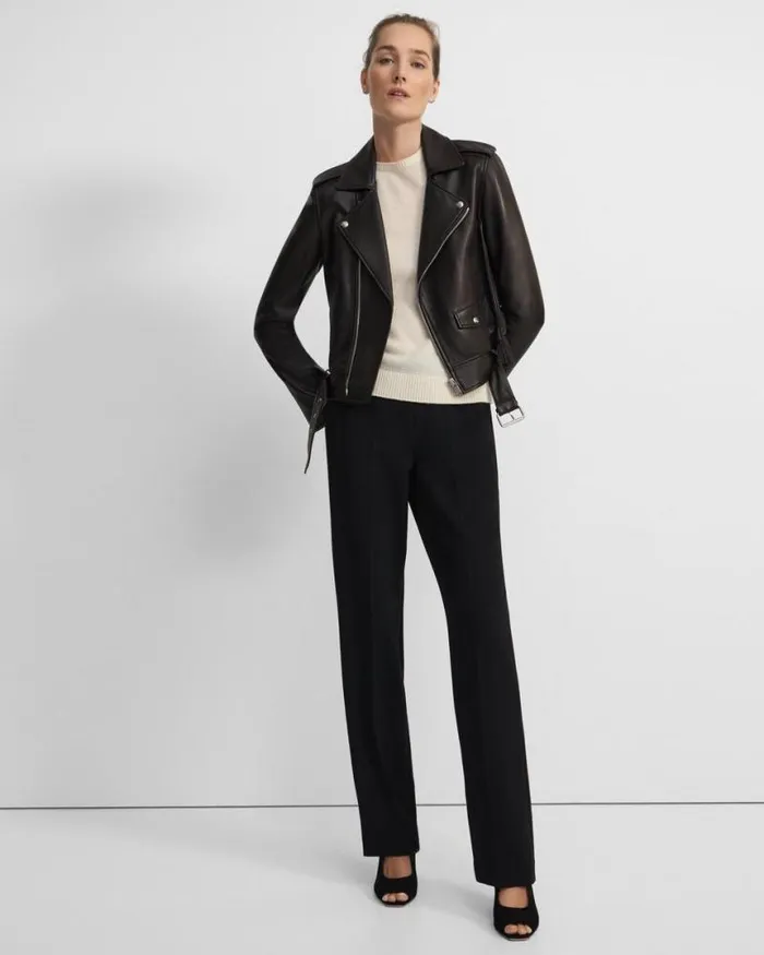 Outerwear Women Theory Casual Moto Jacket In Leather Black
