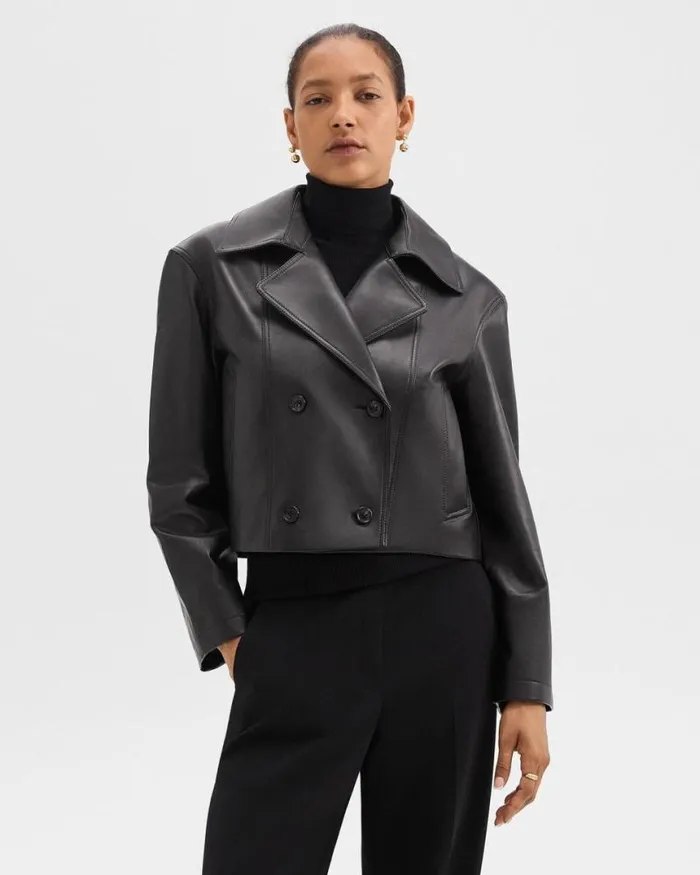 Outerwear Women Theory DoubleBreasted Crop Trench In Leather Black