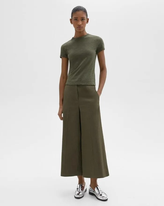Pants Women Theory Cropped WideLeg Pant In Good Linen Dark Olive