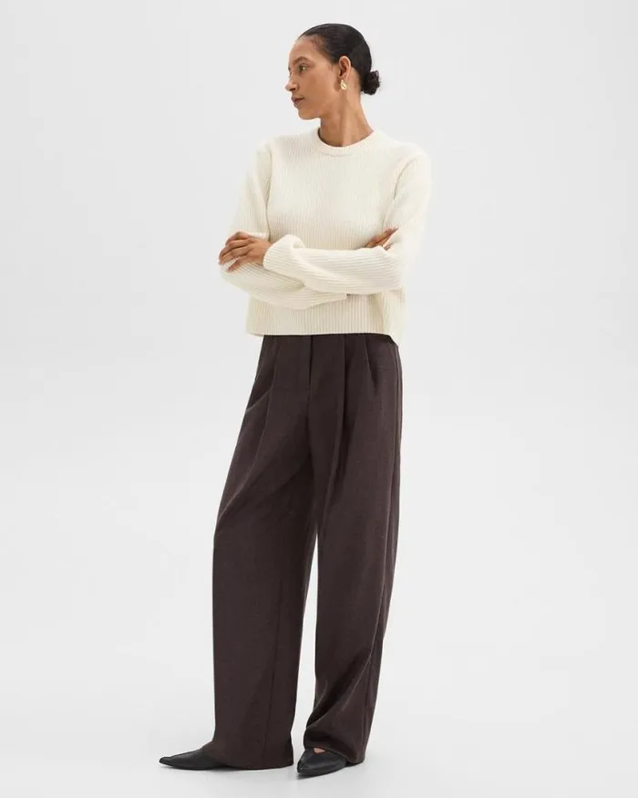Pants Women Theory Double Pleat Pant In Sleek Flannel Hickory Melange