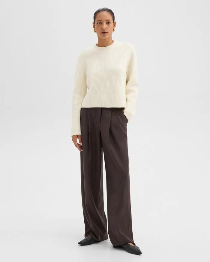 Pants Women Theory Double Pleat Pant In Sleek Flannel Hickory Melange