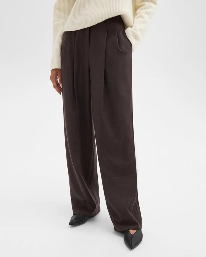 Pants Women Theory Double Pleat Pant In Sleek Flannel Hickory Melange