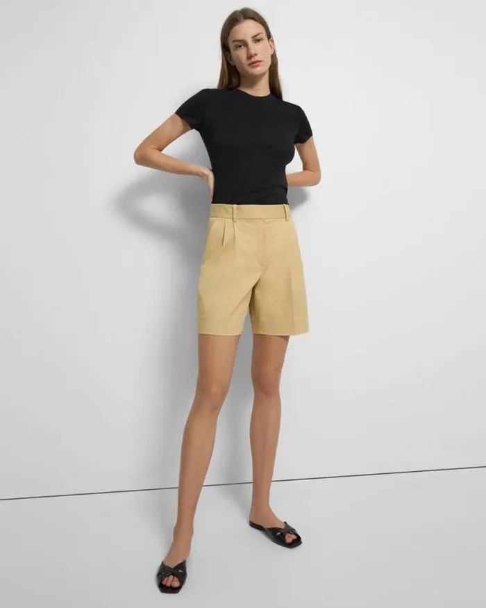 Pants Women Theory Pleated Short In Stretch Cotton Twill Tuscan