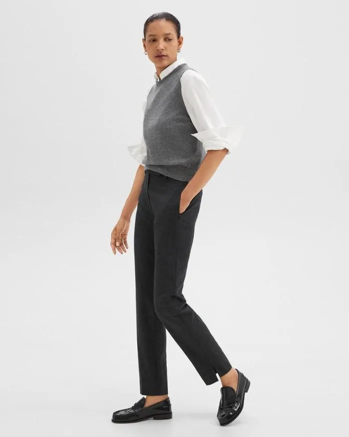 Pants Women Theory Tapered HighWaist Pant In Sleek Flannel New Charcoal Melange