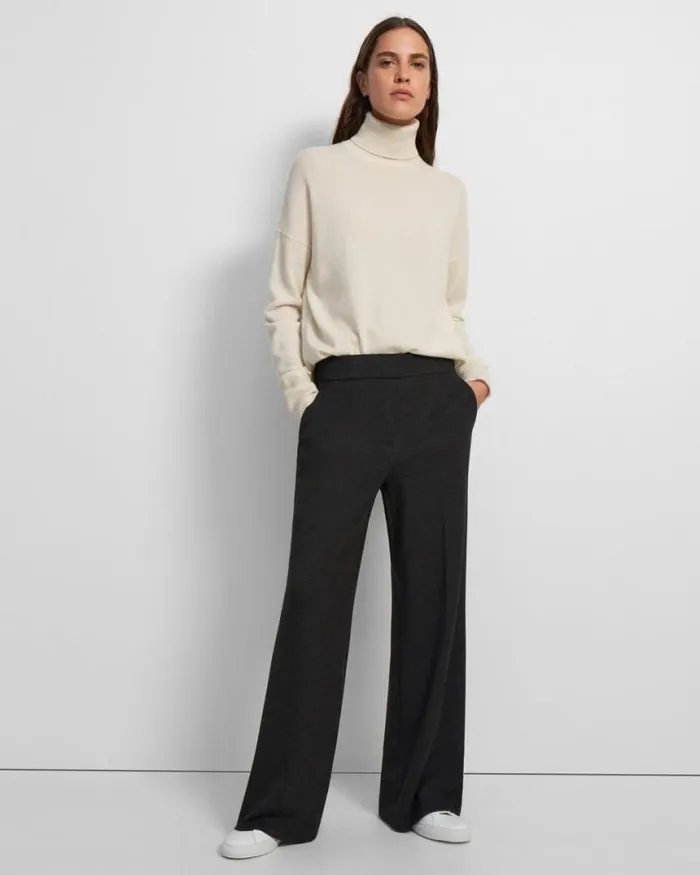 Pants Women Theory WideLeg Pant In DoubleKnit Jersey Charcoal Melangeoatmeal