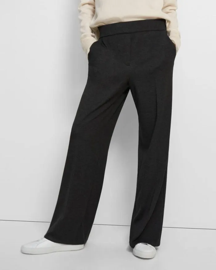 Pants Women Theory WideLeg Pant In DoubleKnit Jersey Charcoal Melangeoatmeal