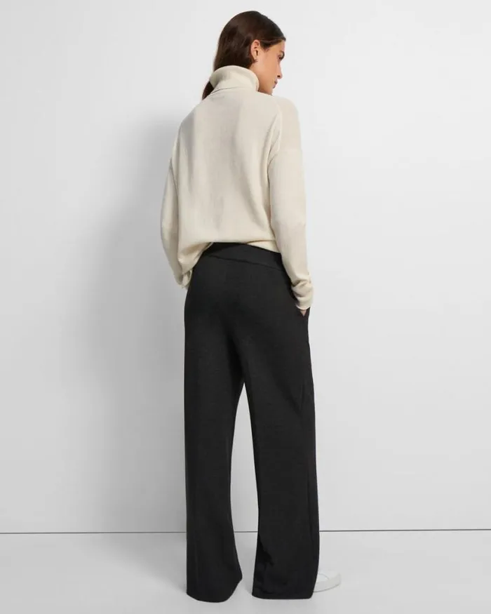 Pants Women Theory WideLeg Pant In DoubleKnit Jersey Charcoal Melangeoatmeal