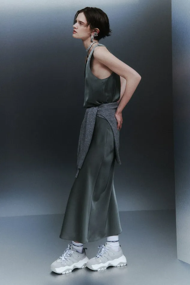 Patrizia Pepe Skirts Shiny Satin Midi Skirt Grey 8211 Women