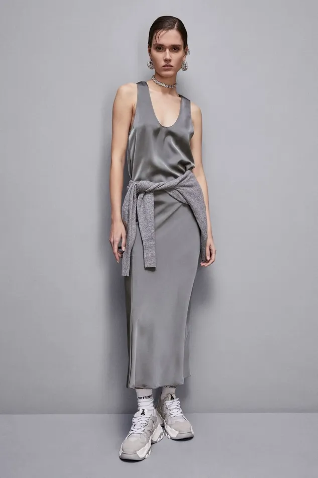 Patrizia Pepe Skirts Shiny Satin Midi Skirt Grey 8211 Women