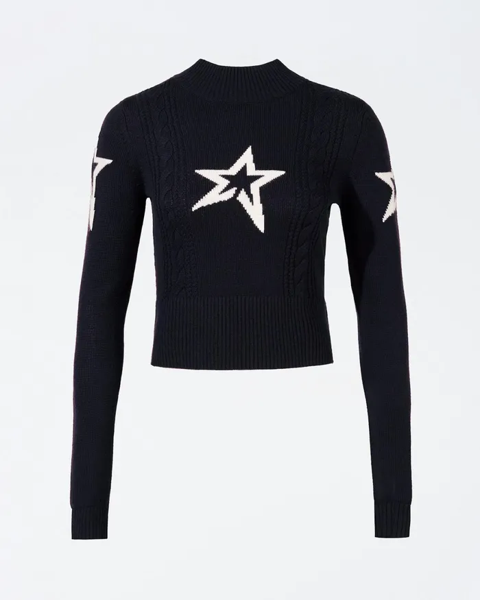 Perfect Moment Cable Merino Wool Sweater Navy Women Tops