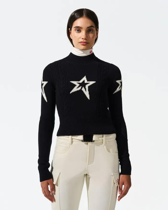Perfect Moment Cable Merino Wool Sweater Navy Women Tops