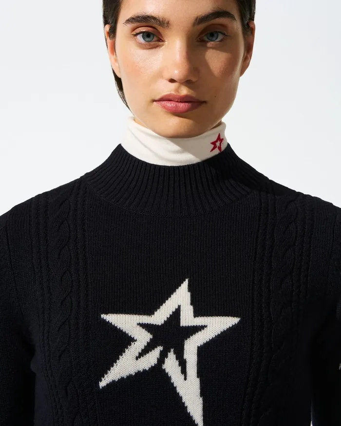 Perfect Moment Cable Merino Wool Sweater Navy Women Tops