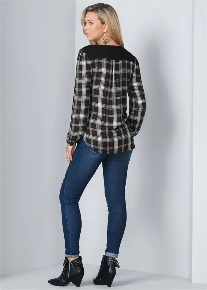 PLAID SURPLICE TOP Black Multi Women VENUS Casual Tops
