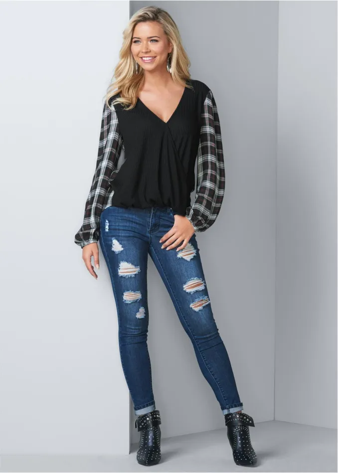 PLAID SURPLICE TOP Black Multi Women VENUS Casual Tops