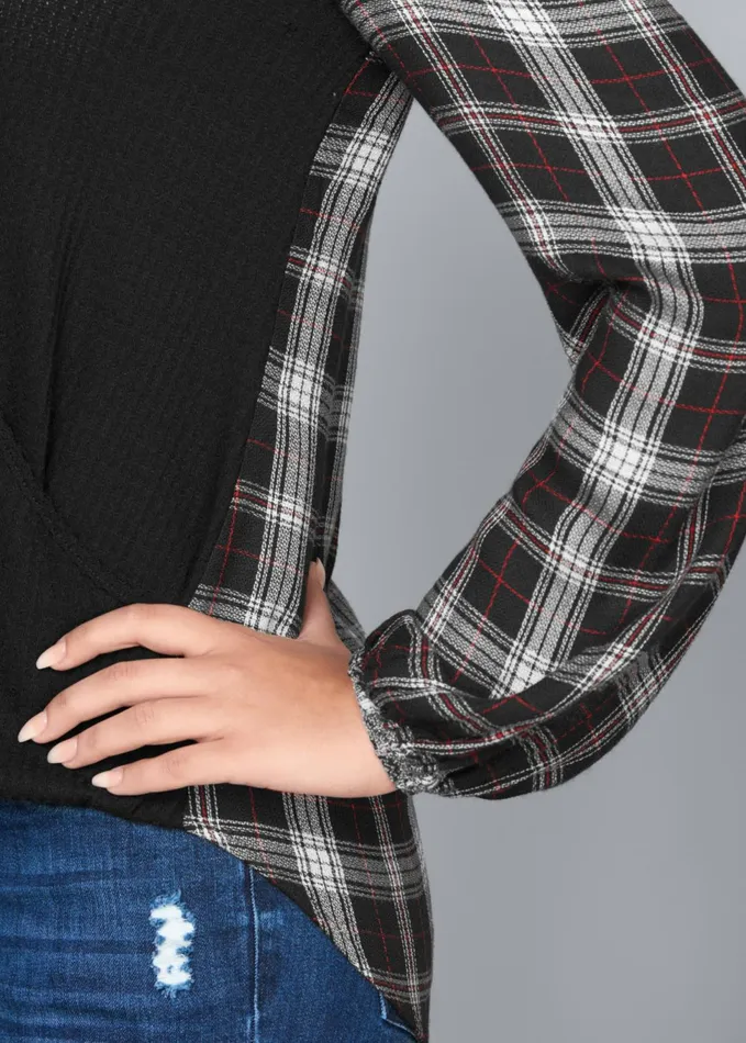 PLAID SURPLICE TOP Black Multi Women VENUS Casual Tops