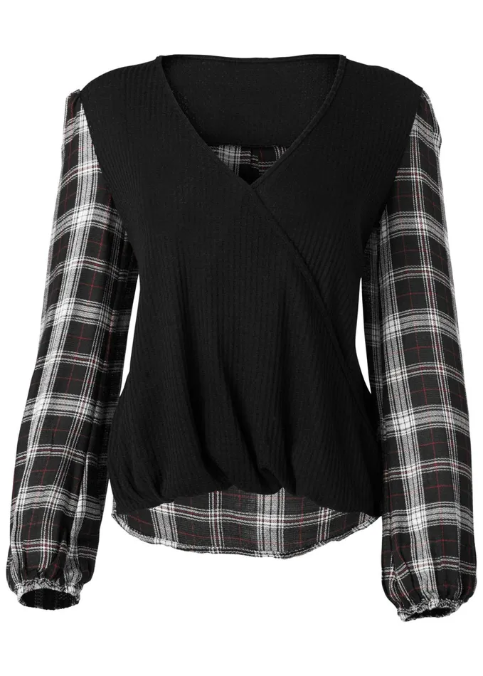 PLAID SURPLICE TOP Black Multi Women VENUS Casual Tops